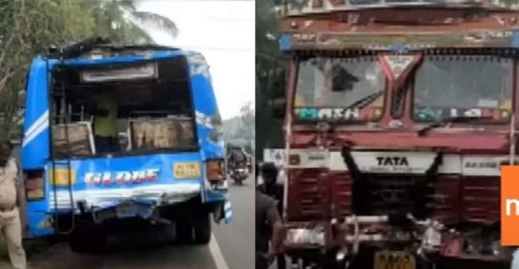 തൃശൂരിൽ സ്വകാര്യ ബസിനു പിന്നിൽ ചരക്കുലോറി ഇടിച്ച് 13 പേർക്ക് പരുക്ക്