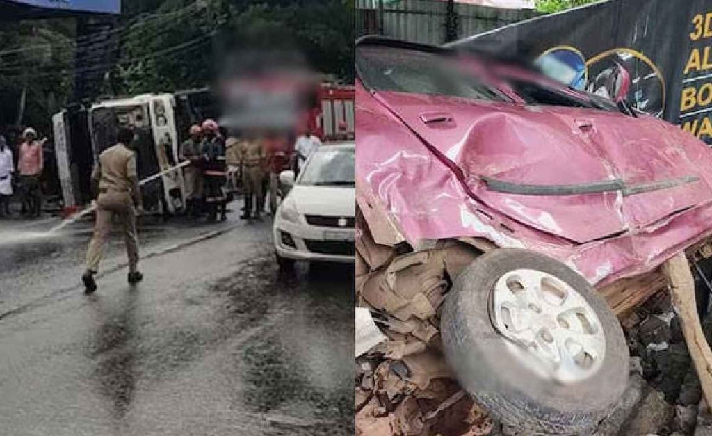 മലപ്പുറത്ത് നിയന്ത്രണം വിട്ട് മറിഞ്ഞ വലിയ ലോറി റോഡിലൂടെ നിരങ്ങിയെത്തി കാറും ബൈക്കും ഇടിച്ചുതെറിപ്പിച്ചു