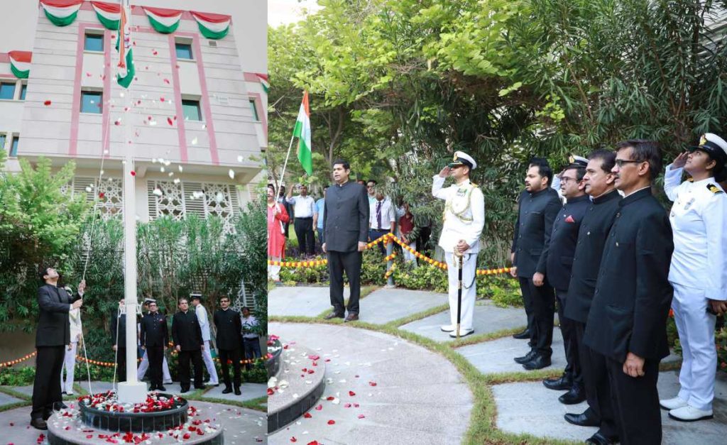 സ്വാതന്ത്യദിനം: ഇന്ത്യൻ എംബസ്സിയിൽ നിയുക്ത അംബാസഡർ വിനോദ് കെ ജേക്കബ് പതാക ഉയർത്തി