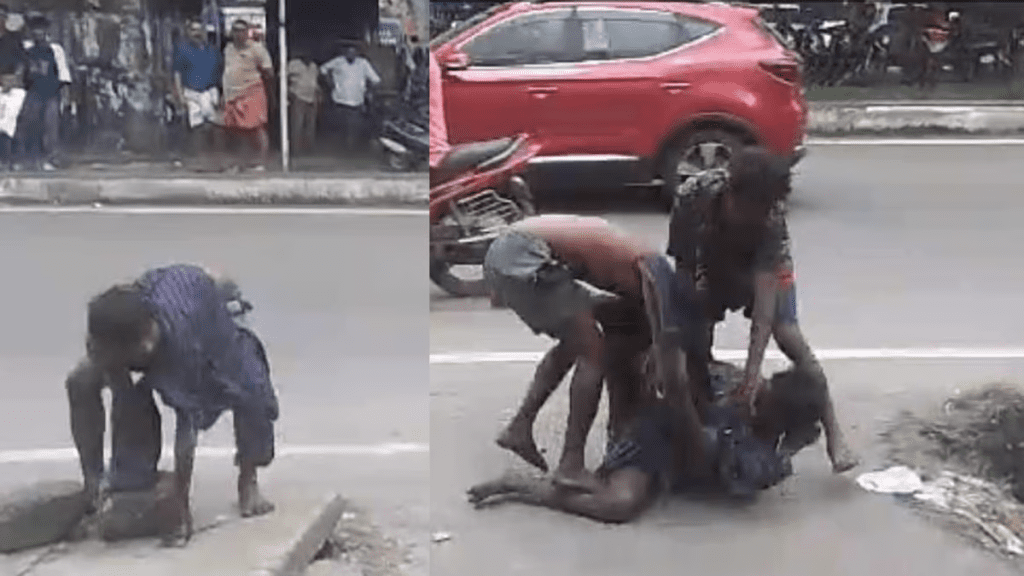 മദ്യലഹരിയിൽ നടുറോഡിൽ തമ്മിലടിച്ച് യുവാക്കൾ; കല്ലുകൊണ്ട് തലയ്ക്കടിക്കാൻ ശ്രമം
