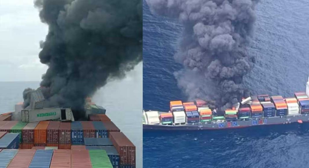 തീപിടുത്തമുണ്ടായ കപ്പലിനെ നിയന്ത്രണത്തിലാക്കി; വടം കെട്ടി ടഗ് ബോട്ടുമായി ബന്ധിപ്പിച്ചു