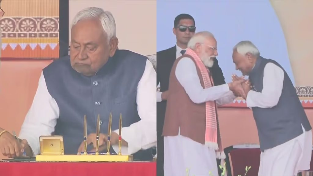 നിതീഷ് കുമാറിന് പത്താം ഊഴം; ബിഹാര് മുഖ്യമന്ത്രിയായി സത്യപ്രതിജ്ഞ ചെയ്തു, സത്യവാചകം ചൊല്ലിക്കൊടുത്ത് ഗവര്ണര് ആരിഫ് മുഹമ്മദ്ഖാന്