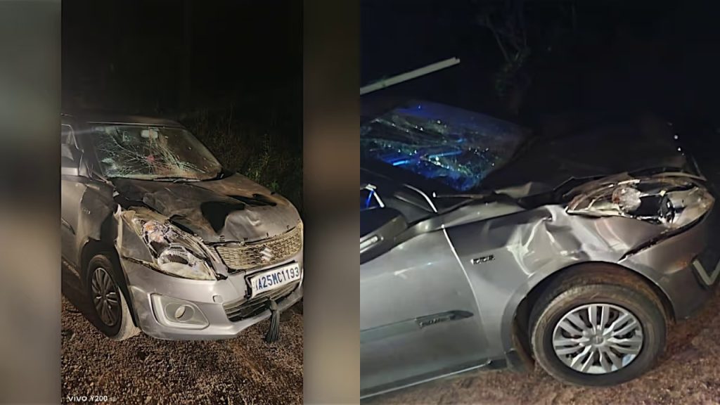 റോഡ് മുറിച്ച് കടന്ന കാട്ടാനയെ ഇടിച്ച് തെറിപ്പിച്ച് കാർ, ആന വീണ് കാർ തകർന്നു, യാത്രക്കാരെ ആക്രമിക്കാതെ കൊമ്പൻ