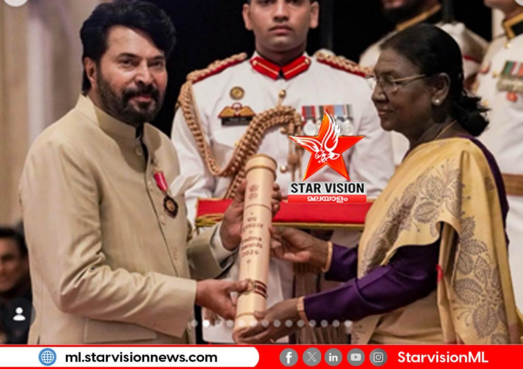 മോദിയെയും അമിത് ഷായെയും കൈകൂപ്പി അഭിവാദ്യം ചെയ്ത് മമ്മൂട്ടി; പത്മഭൂഷൺ ഏറ്റുവാങ്ങി